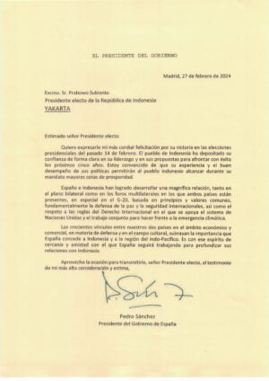 Perdana Menteri Spanyol Ucapkan Selamat ke Prabowo atas Keunggulan di Pilpres via Surat Resmi 6 WhatsApp Image 2024 03 15 at 22.17.00